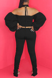 Black Street Solid Backless Fold O Neck Long Sleeve Two Pieces
