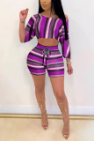 Purple Sexy Print Oblique Collar Long Sleeve Two Pieces