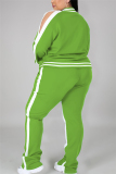 Light Green Fashion Casual Sportswear Zipper Collar Long Sleeve Regular Sleeve Patchwork Plus Size Set