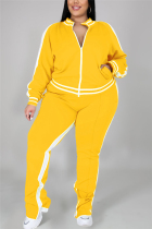 Yellow Fashion Casual Sportswear Zipper Collar Long Sleeve Regular Sleeve Patchwork Plus Size Set