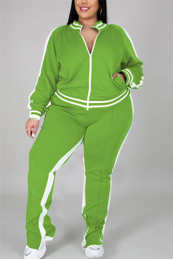 Light Green Fashion Casual Sportswear Zipper Collar Long Sleeve Regular Sleeve Patchwork Plus Size Set