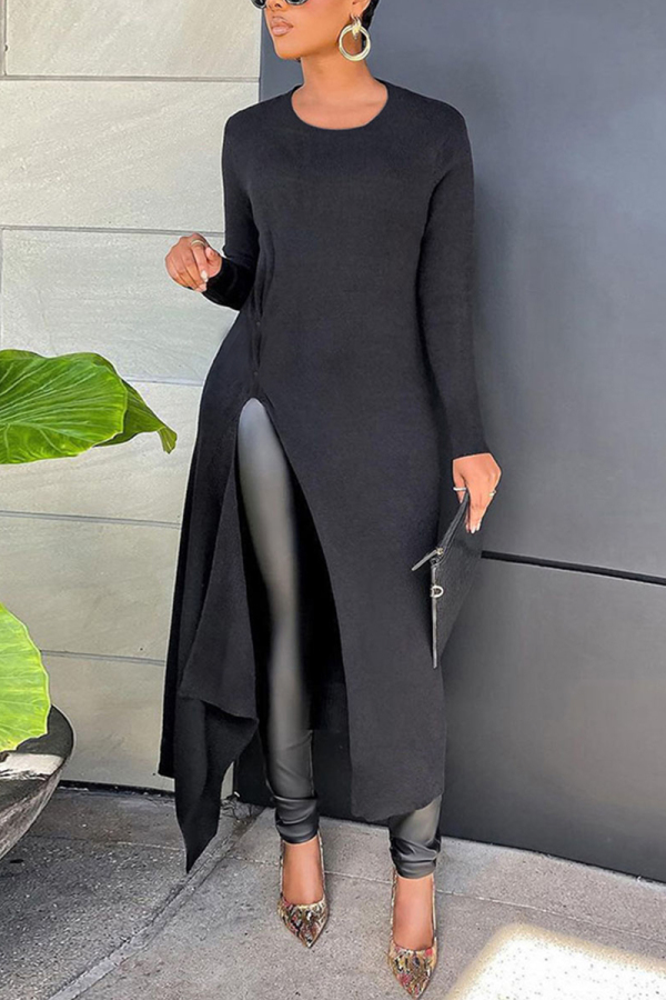 Black Fashion Sexy Solid Slit O Neck Long Sleeve Dress