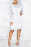 White Fashion Casual Hot Drilling Patchwork O Neck Long Sleeve Dresses