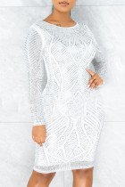 White Fashion Casual Hot Drilling Split Joint O Neck Long Sleeve Dresses