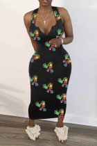 Black Fashion Sexy Print Vests V Neck Vest Dress