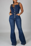 Dark Blue Fashion Casual Solid Vests Square Collar Sleeveless High Waist Jumpsuit