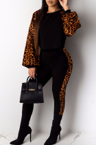 Leopard Print Sexy Print Split Joint O Neck Long Sleeve Two Pieces