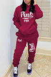 Pink Casual Letter Print Hooded Collar Long Sleeve Two Pieces