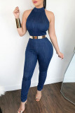 Blue Sexy Casual Solid Without Belt O Neck Sleeveless Skinny Jumpsuit