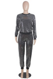 Silver adult Sexy Fashion Two Piece Suits Patchwork Sequin Straight Long Sleeve Two-piece Pants