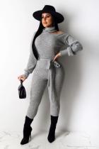 Grey Sexy Fashion bandage Hollow Solid Patchwork Long Sleeve Turtleneck 