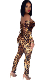 Leopard print Sexy Print Hollow Polyester Long Sleeve Wrapped  Jumpsuits