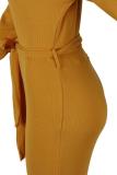 Yellow Sexy Fashion bandage Hollow Solid Patchwork Long Sleeve Turtleneck 