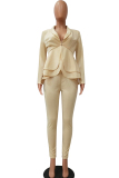 Khaki Casual Two Piece Suits Patchwork ruffle Solid pencil Long Sleeve