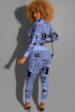 Blue adult Casual Fashion Print Patchwork Two Piece Suits pencil Long Sleeve