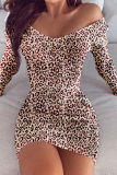 Brown Sexy Leopard Split Joint Bateau Neck Pencil Skirt Dresses