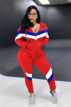 Red adult Fashion Active contrast color Patchwork Two Piece Suits Geometric pencil Long Sleeve