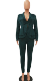 Black Green Casual Two Piece Suits Patchwork ruffle Solid pencil Long Sleeve