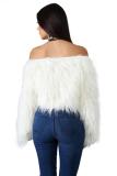 White Artificial fur One word collar Long Sleeve Solid Long Sleeve Tops