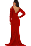 Red Sexy Spaghetti Strap Long Sleeves V Neck Step Skirt Floor-Length Solid