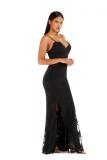 Black Fashion adult Sexy Spaghetti Strap Sleeveless V Neck Slim Dress Ankle-Length Patchwork spl