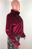 Wine Red Turndown Collar Solid Zippered Spandex Pure Long Sleeve Blazer & Suits &Jacket