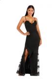 Black Fashion adult Sexy Spaghetti Strap Sleeveless V Neck Slim Dress Ankle-Length Patchwork spl