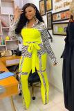 Yellow adult OL Fashion Bandage Print Two Piece Suits Patchwork contrast color Loose Long Sleeve