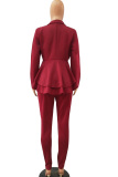 Red Casual Two Piece Suits Patchwork ruffle Solid pencil Long Sleeve