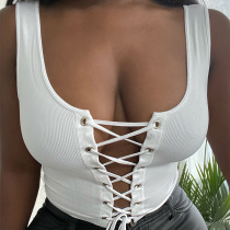 White Sexy Casual Solid Hollowed Out Strap Design U Neck Tops