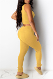 Yellow Casual Sportswear Solid Vests Pants O Neck Sleeveless Two Pieces