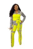 Yellow adult OL Fashion Bandage Print Two Piece Suits Patchwork contrast color Loose Long Sleeve