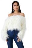 White Artificial fur One word collar Long Sleeve Solid Long Sleeve Tops