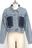 Blue Turndown Collar Beading Solid Old Patchwork washing The cowboy Pure Long Sleeve Denim jacket
