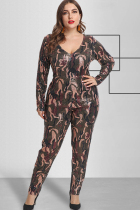 Camouflage Sexy O Neck Patchwork Zippered Sequin Floral Stitching Plus Size Jumpsuits