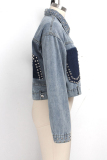 Blue Turndown Collar Beading Solid Old Patchwork washing The cowboy Pure Long Sleeve Denim jacket