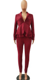 Pink Casual Two Piece Suits Patchwork ruffle Solid pencil Long Sleeve