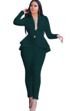 Black Green Casual Two Piece Suits Patchwork ruffle Solid pencil Long Sleeve