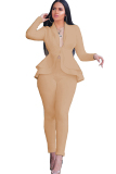 Khaki Casual Two Piece Suits Patchwork ruffle Solid pencil Long Sleeve
