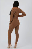 Coffee Elastic Fly Long Sleeve Mid Solid pencil Pants Two-piece suit