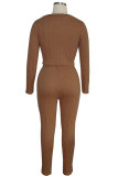 Pink Elastic Fly Long Sleeve Mid Solid pencil Pants Two-piece suit