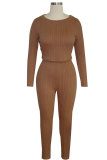 Coffee Elastic Fly Long Sleeve Mid Solid pencil Pants Two-piece suit