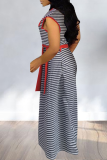 Red Casual Striped Split Joint O Neck Straight Dresses