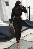 Black Elastic Fly Long Sleeve Mid Solid pencil Pants Two-piece suit