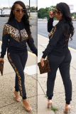 Black adult Casual Fashion Two Piece Suits Patchwork Leopard Print pencil Long Sleeve Two-piece