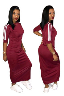 Wine Red Casual Half Sleeves O neck Step Skirt Ankle-Length Solid Patchwork 