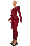 Wine Red Celebrities Fashion adult Stringy selvedge Patchwork Two Piece Suits ruffle Solid pencil L