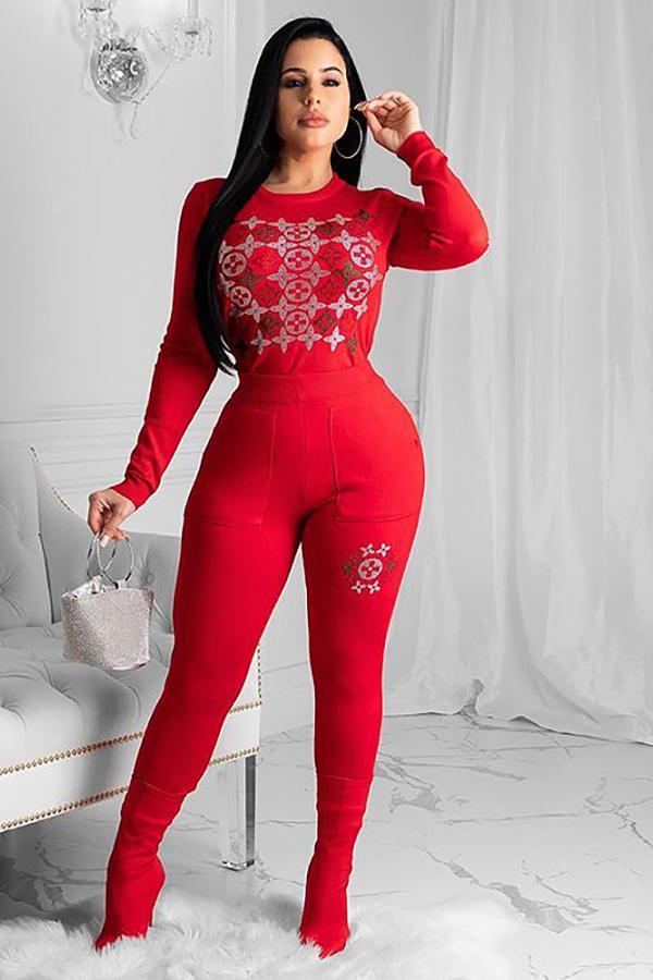 Red Fashion adult Casual asymmetrical Print contrast color diamonds Patchwork Two Piece Suits