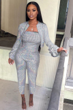Silver adult Sexy Fashion Two Piece Suits Hot stamping Patchwork Straight Long Sleeve Two-piece