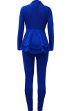 Blue Casual Two Piece Suits Patchwork ruffle Solid pencil Long Sleeve